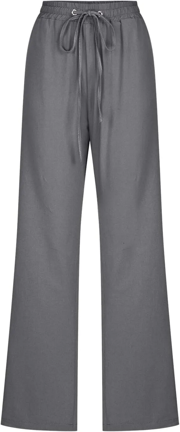 Women Linen Pants 2025 Summer Trendy High Waist Straight Leg Drawstring Loose Fit Trousers with Side Pockets