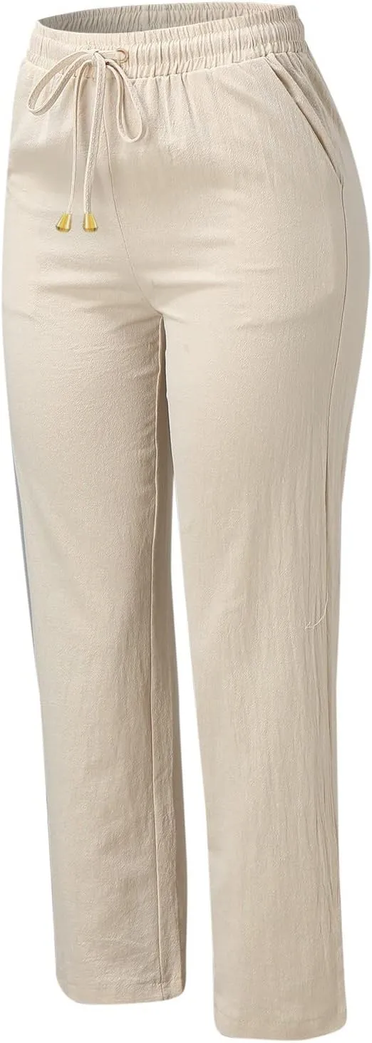 Women Linen Pants 2025 Summer Trendy High Waist Straight Leg Drawstring Loose Fit Trousers with Side Pockets