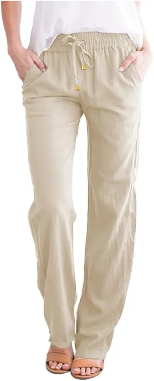 Women Linen Pants 2025 Summer Trendy High Waist Straight Leg Drawstring Loose Fit Trousers with Side Pockets