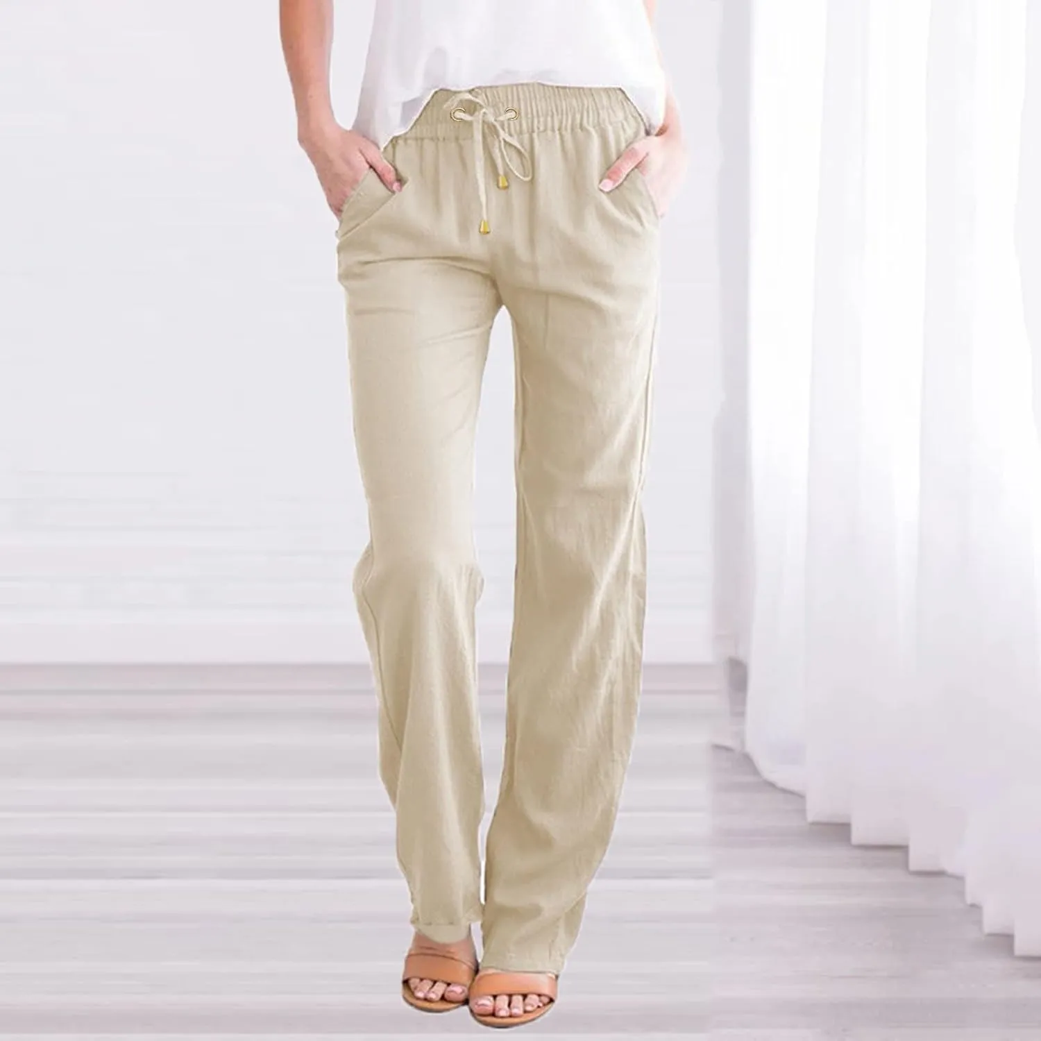 Women Linen Pants 2025 Summer Trendy High Waist Straight Leg Drawstring Loose Fit Trousers with Side Pockets
