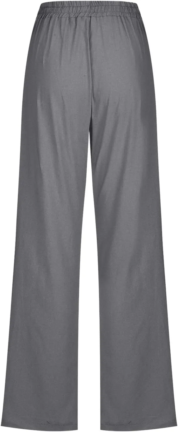 Women Linen Pants 2025 Summer Trendy High Waist Straight Leg Drawstring Loose Fit Trousers with Side Pockets