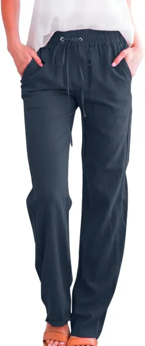 Women Linen Pants 2025 Summer Trendy High Waist Straight Leg Drawstring Loose Fit Trousers with Side Pockets
