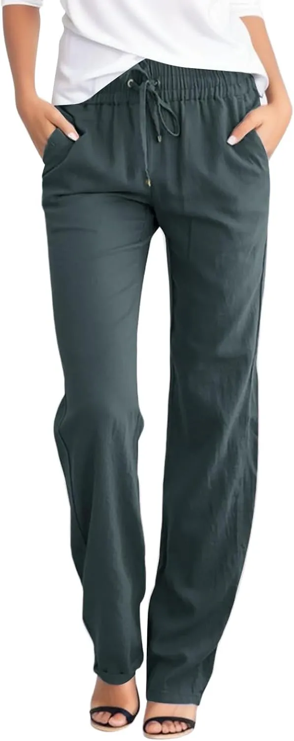Women Linen Pants 2025 Summer Trendy High Waist Straight Leg Drawstring Loose Fit Trousers with Side Pockets