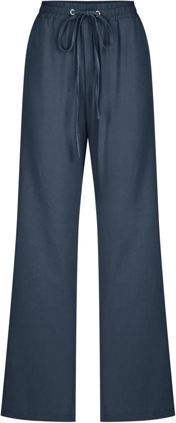 Women Linen Pants 2025 Summer Trendy High Waist Straight Leg Drawstring Loose Fit Trousers with Side Pockets