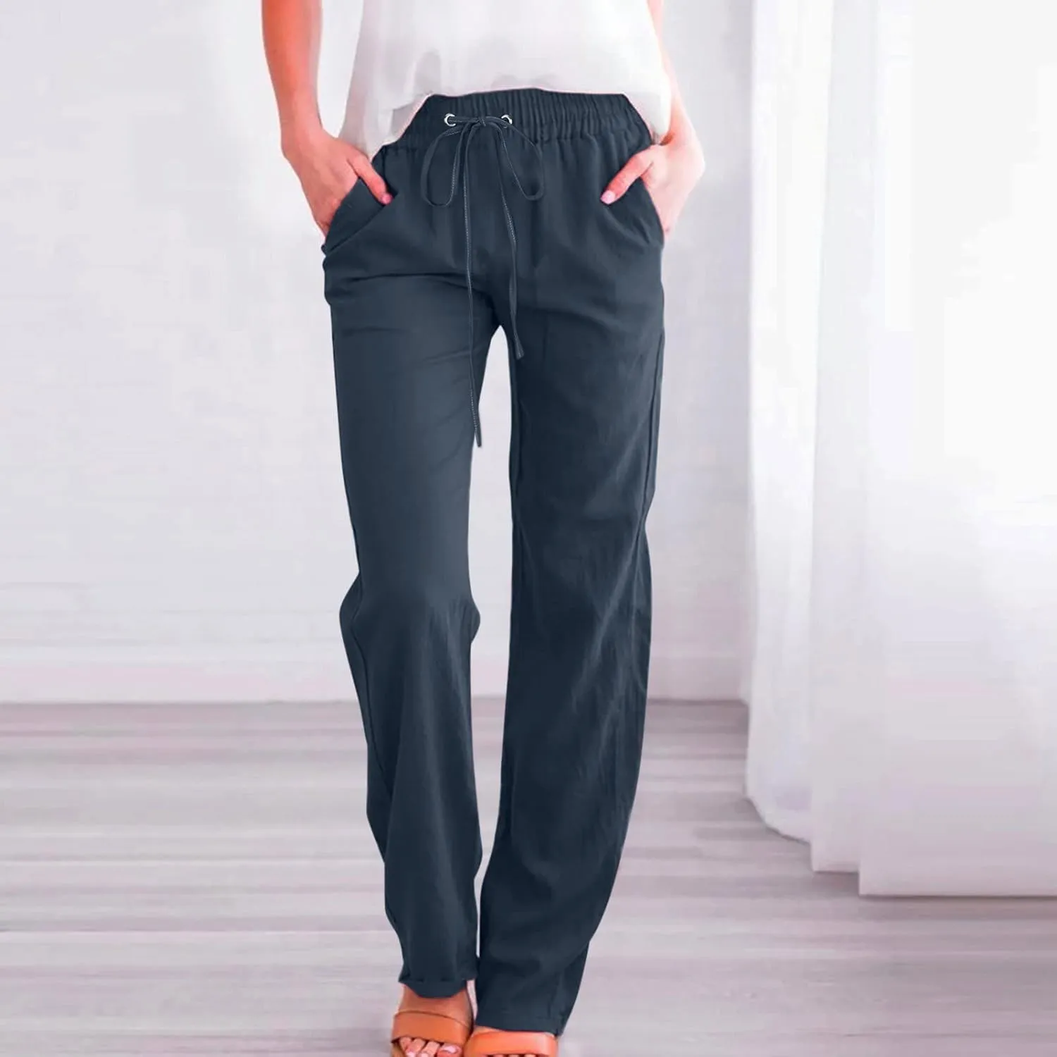 Women Linen Pants 2025 Summer Trendy High Waist Straight Leg Drawstring Loose Fit Trousers with Side Pockets
