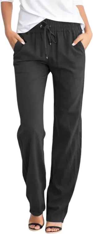 Women Linen Pants 2025 Summer Trendy High Waist Straight Leg Drawstring Loose Fit Trousers with Side Pockets