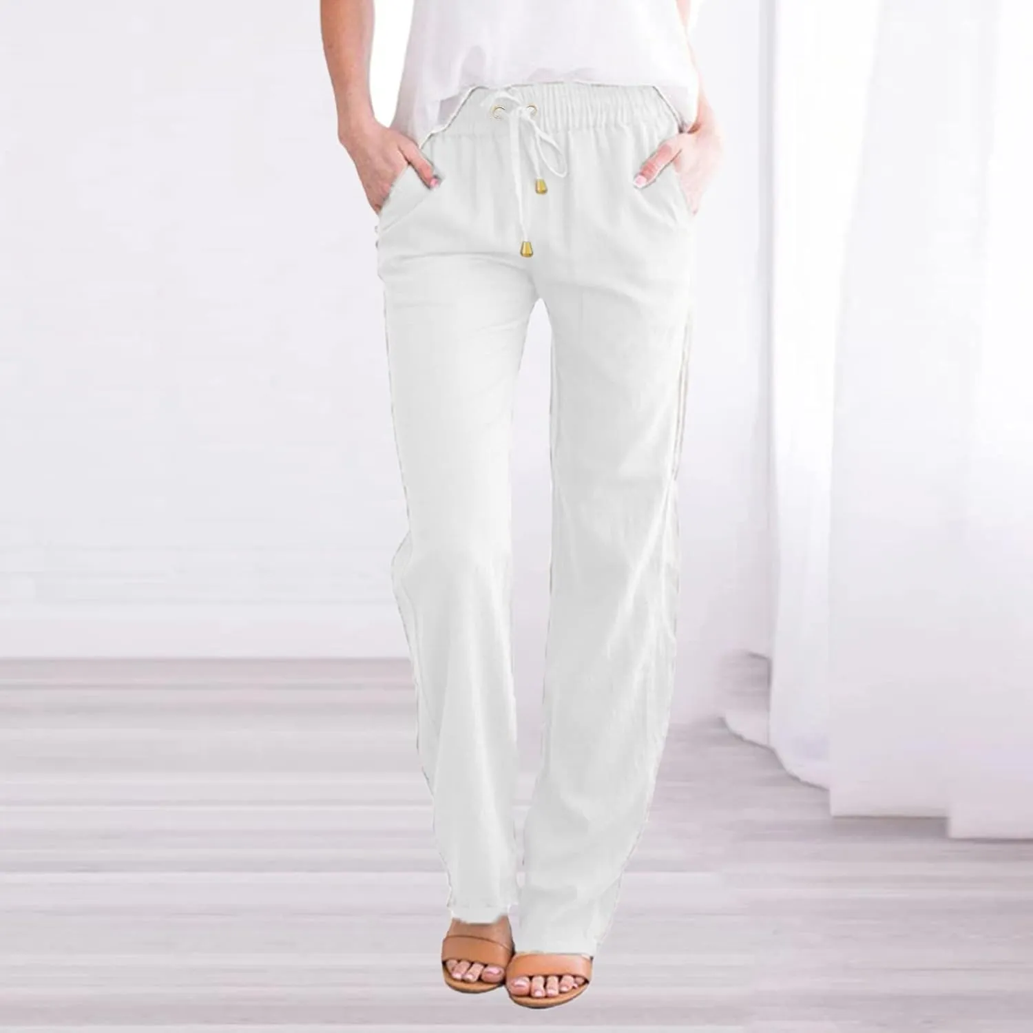 Women Linen Pants 2025 Summer Trendy High Waist Straight Leg Drawstring Loose Fit Trousers with Side Pockets