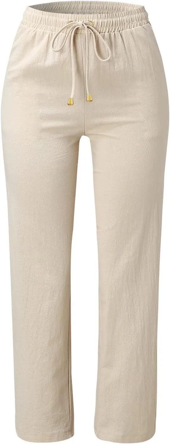 Women Linen Pants 2025 Summer Trendy High Waist Straight Leg Drawstring Loose Fit Trousers with Side Pockets