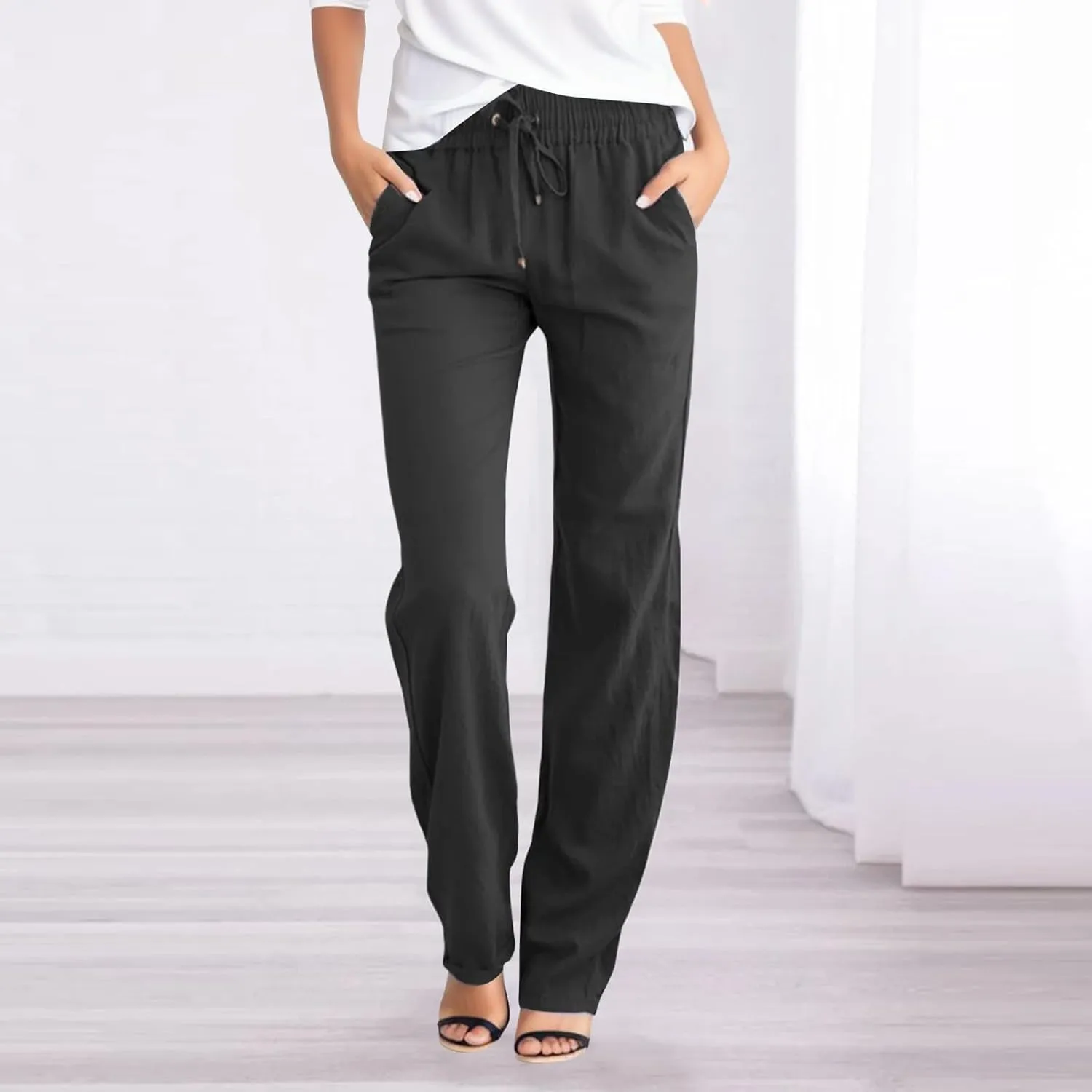 Women Linen Pants 2025 Summer Trendy High Waist Straight Leg Drawstring Loose Fit Trousers with Side Pockets