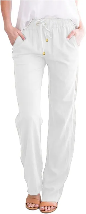 Women Linen Pants 2025 Summer Trendy High Waist Straight Leg Drawstring Loose Fit Trousers with Side Pockets
