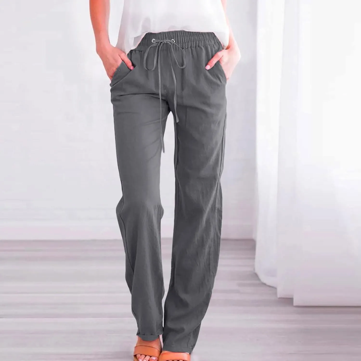 Women Linen Pants 2025 Summer Trendy High Waist Straight Leg Drawstring Loose Fit Trousers with Side Pockets