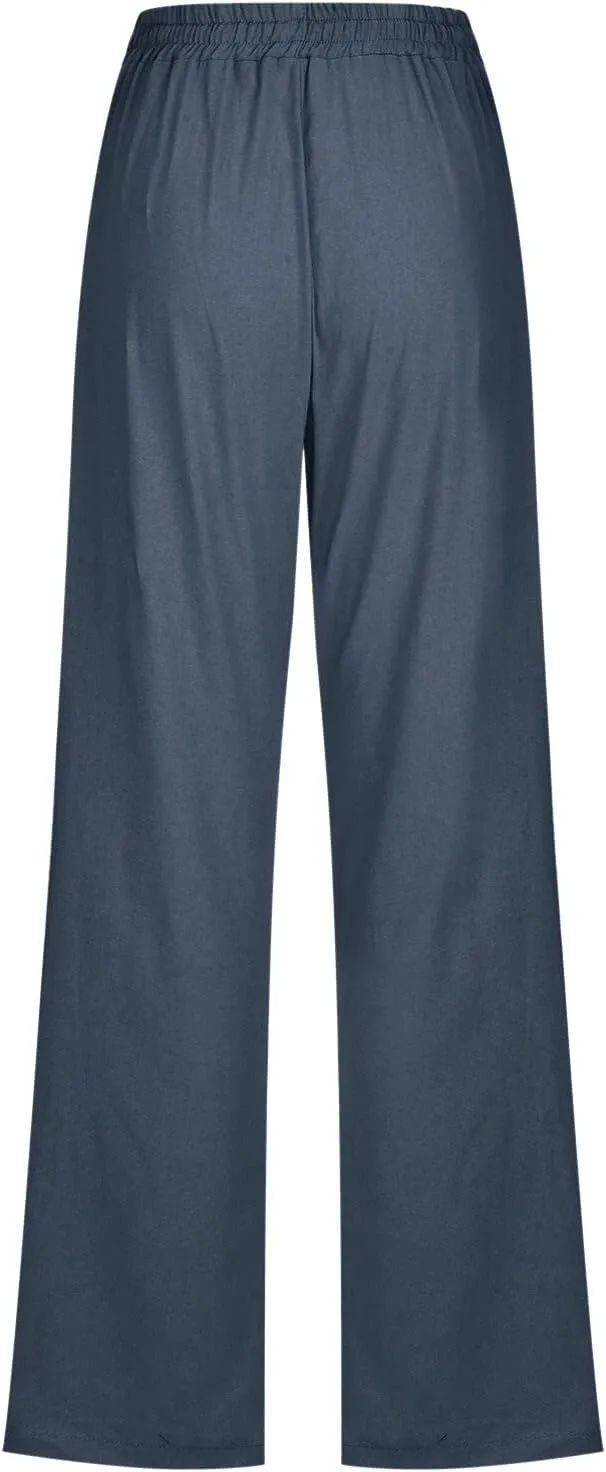Women Linen Pants 2025 Summer Trendy High Waist Straight Leg Drawstring Loose Fit Trousers with Side Pockets