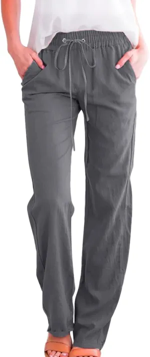 Women Linen Pants 2025 Summer Trendy High Waist Straight Leg Drawstring Loose Fit Trousers with Side Pockets