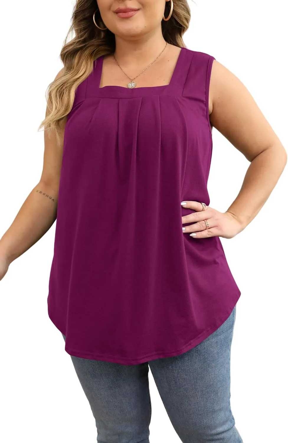 Women Plus Size Tank Tops Loose Fit Pleated Square Neck Sleeveless Flowy Shirts Blouses 1X-5X