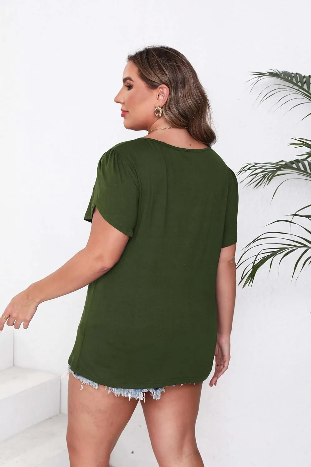Women Plus Size Tops Dressy Casual Blouses Short Sleeve V Neck Petal Loose Flowy Tops for Casual T-Shirts
