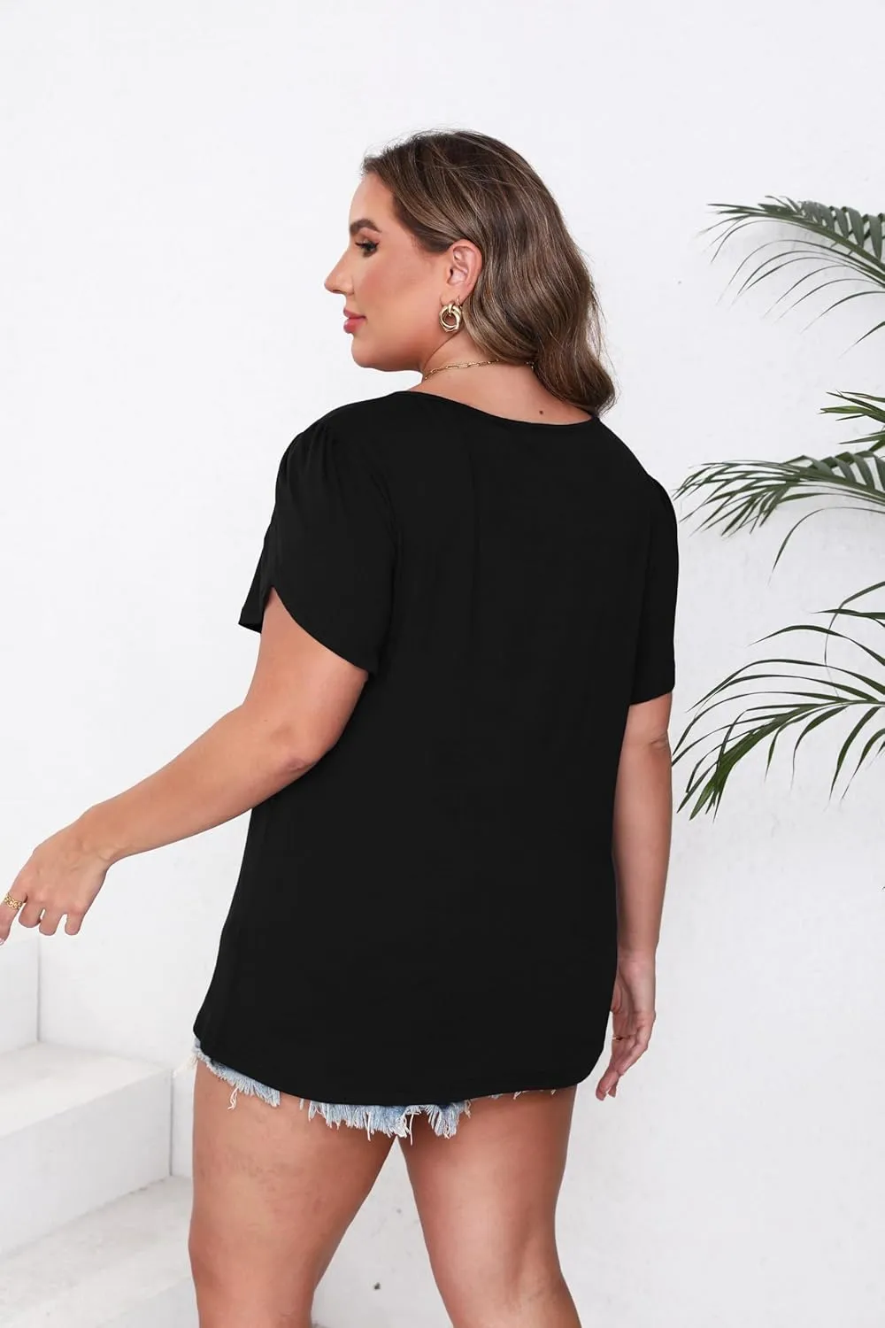 Women Plus Size Tops Dressy Casual Blouses Short Sleeve V Neck Petal Loose Flowy Tops for Casual T-Shirts