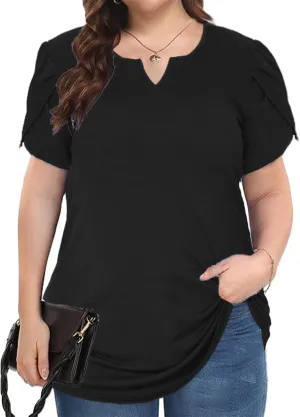 Women Plus Size Tops Dressy Casual Blouses Short Sleeve V Neck Petal Loose Flowy Tops for Casual T-Shirts