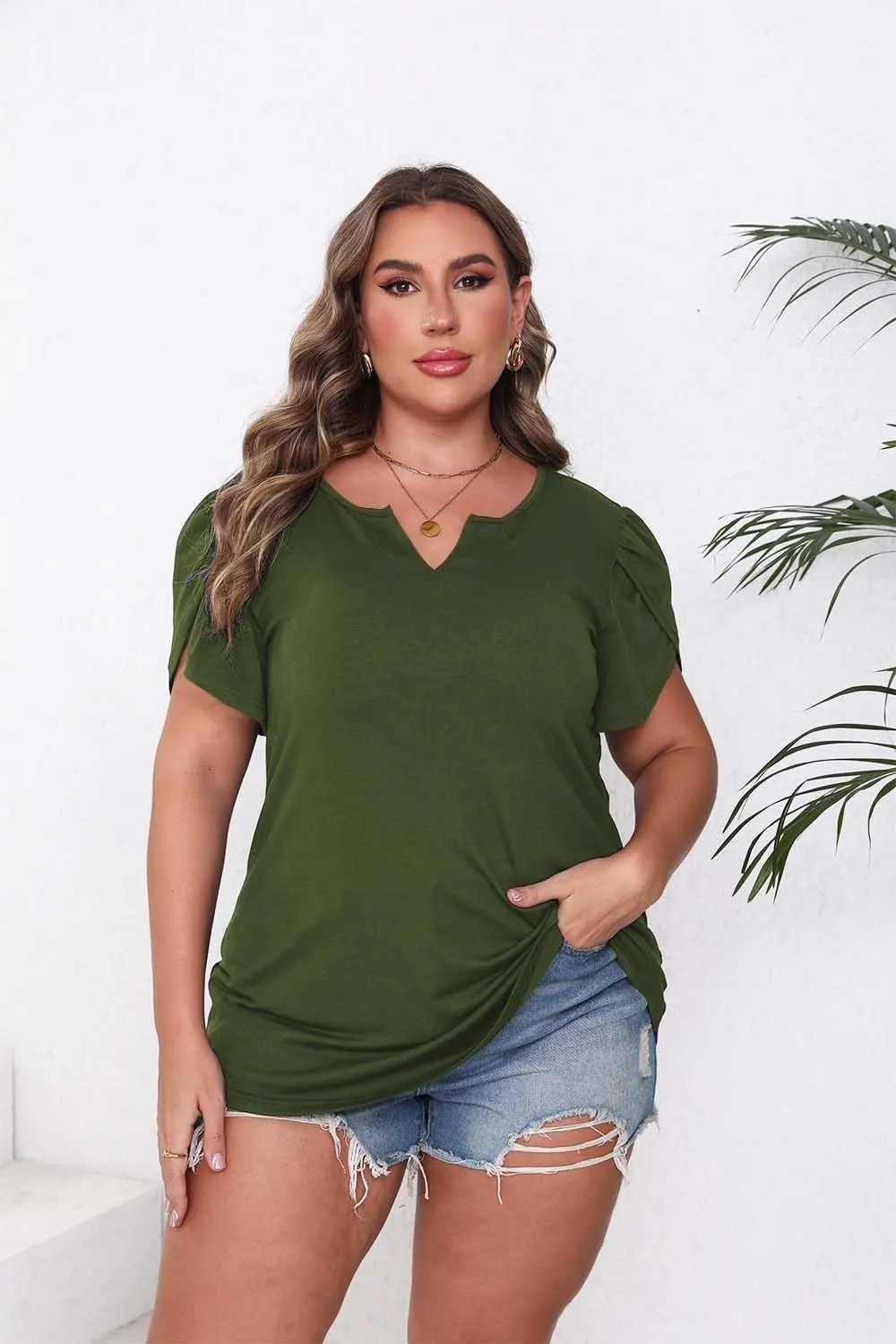 Women Plus Size Tops Dressy Casual Blouses Short Sleeve V Neck Petal Loose Flowy Tops for Casual T-Shirts