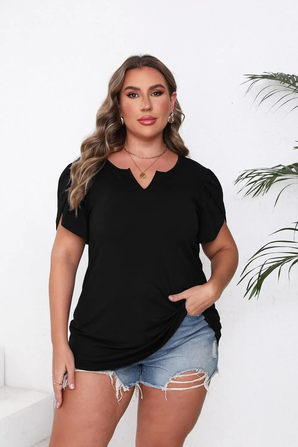 Women Plus Size Tops Dressy Casual Blouses Short Sleeve V Neck Petal Loose Flowy Tops for Casual T-Shirts