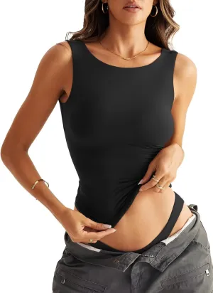 Women Sleeveless Boat Neck Tops Double Lined Backless Tank Tops Basic Fitted T Shirts 2025