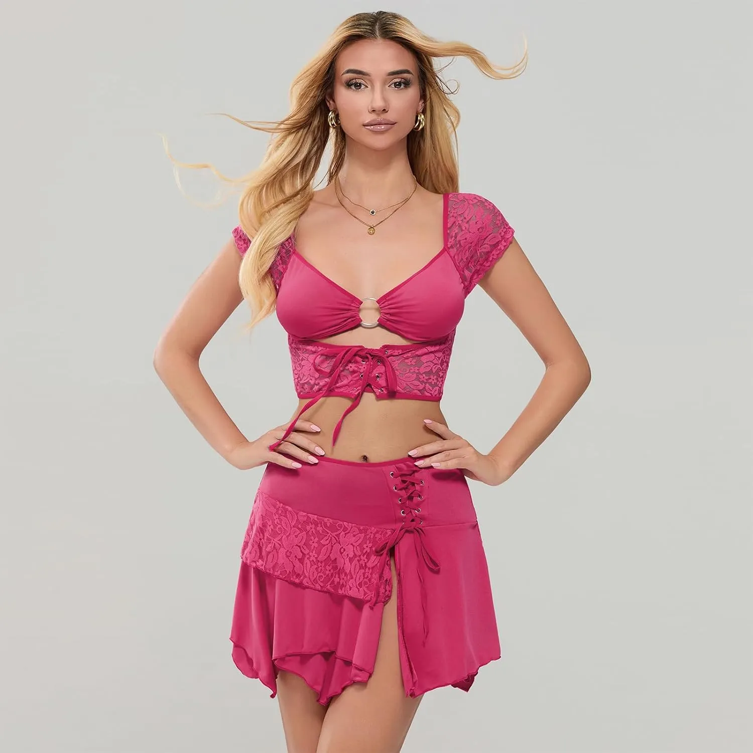 Women Summer 2 Piece Outfits Sleeveless 3D Flower Crop Tank Top High Waist Ruffles Mini Wrapped Skirt Set