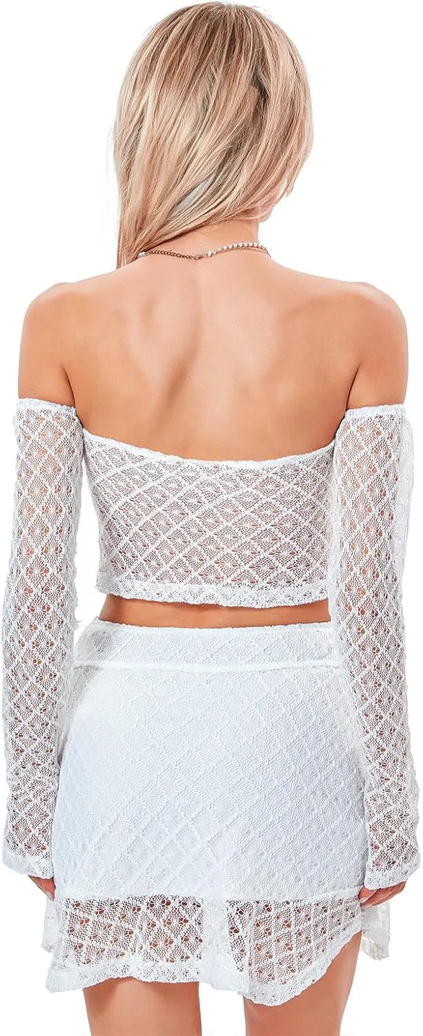 Women Summer 2 Piece Outfits Sleeveless 3D Flower Crop Tank Top High Waist Ruffles Mini Wrapped Skirt Set