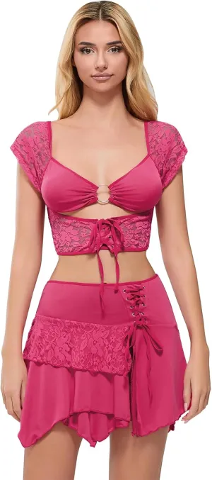 Women Summer 2 Piece Outfits Sleeveless 3D Flower Crop Tank Top High Waist Ruffles Mini Wrapped Skirt Set