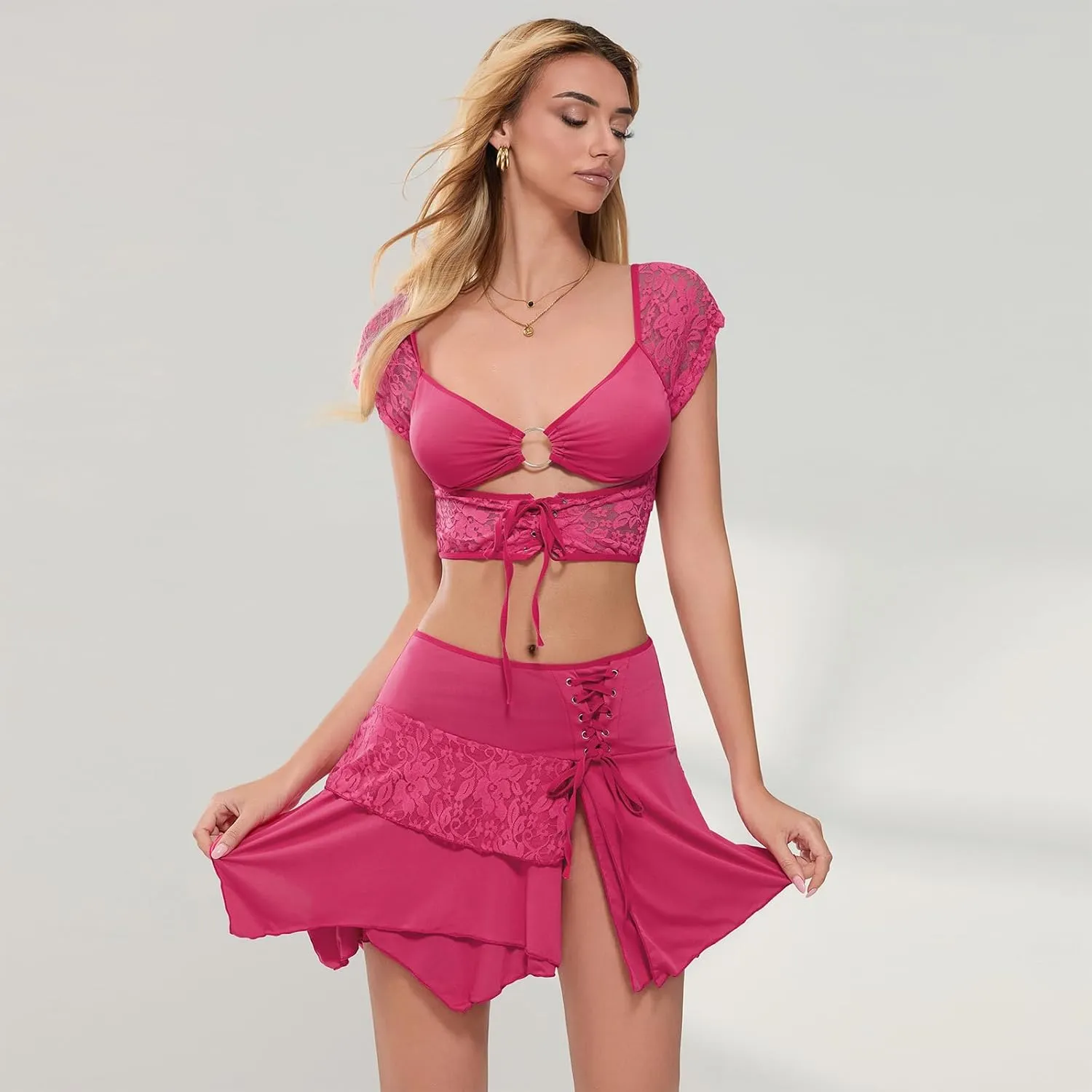 Women Summer 2 Piece Outfits Sleeveless 3D Flower Crop Tank Top High Waist Ruffles Mini Wrapped Skirt Set