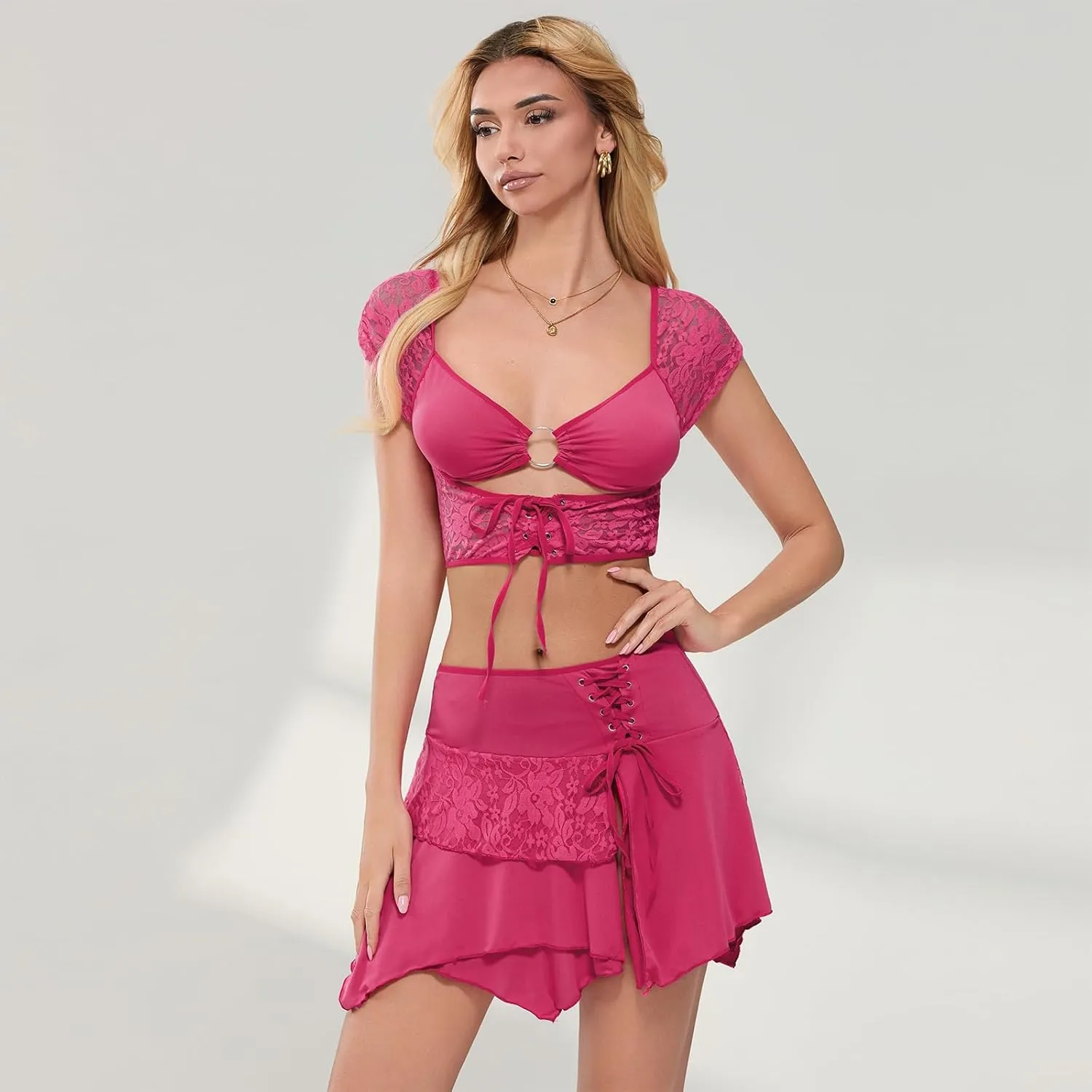 Women Summer 2 Piece Outfits Sleeveless 3D Flower Crop Tank Top High Waist Ruffles Mini Wrapped Skirt Set