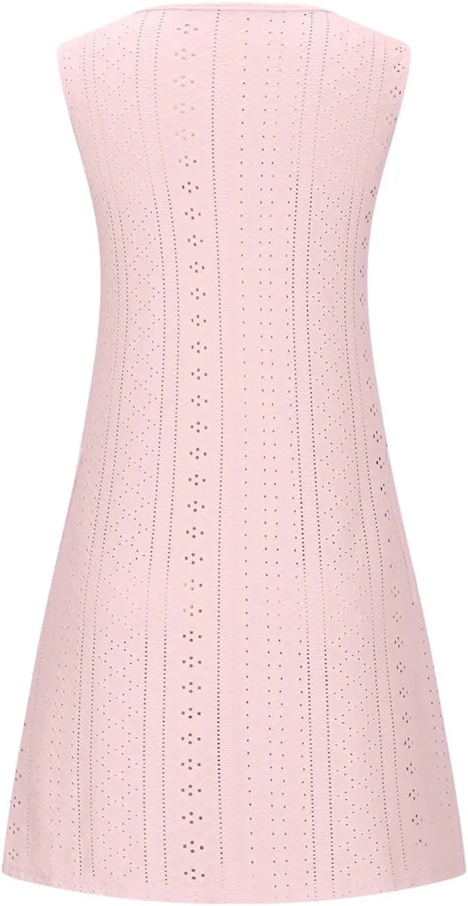 Women Summer Eyelet Tank Dresses with Pockets Casual Loose Crewneck Sleeveless Sundresses 2025 Trendy Beach Coverups
