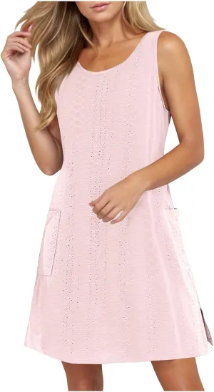 Women Summer Eyelet Tank Dresses with Pockets Casual Loose Crewneck Sleeveless Sundresses 2025 Trendy Beach Coverups