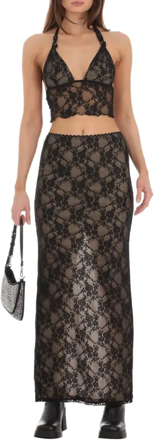 Women Summer Two Piece Skirt Outfits Sleeveless Halterneck Lace Crop Tops and Long Skirt Set