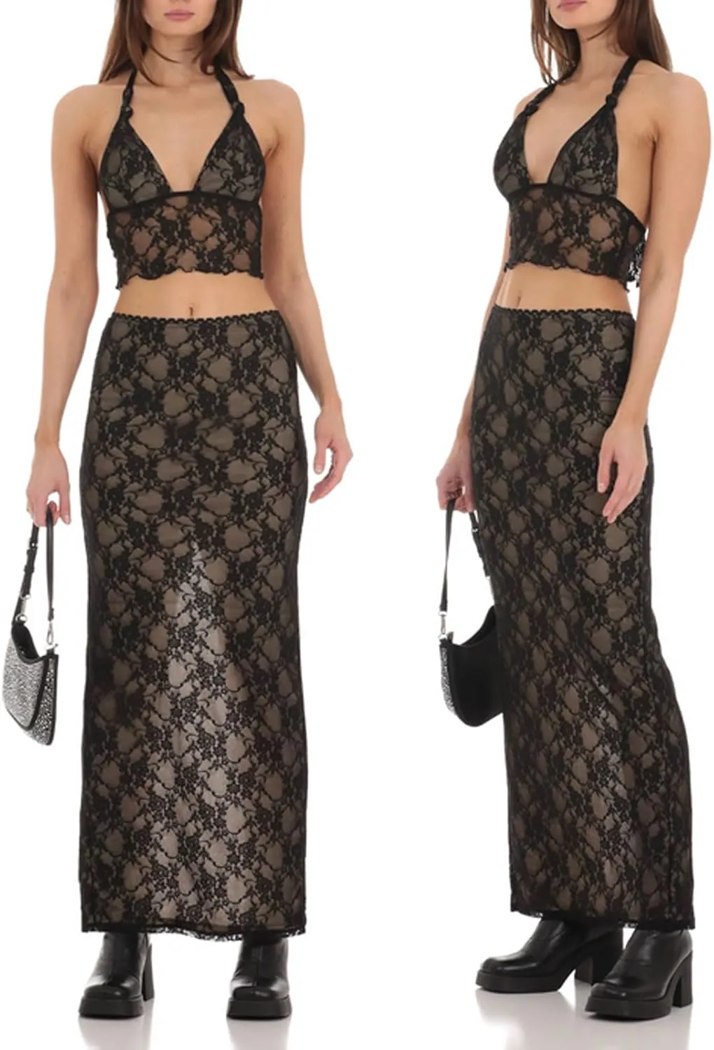 Women Summer Two Piece Skirt Outfits Sleeveless Halterneck Lace Crop Tops and Long Skirt Set