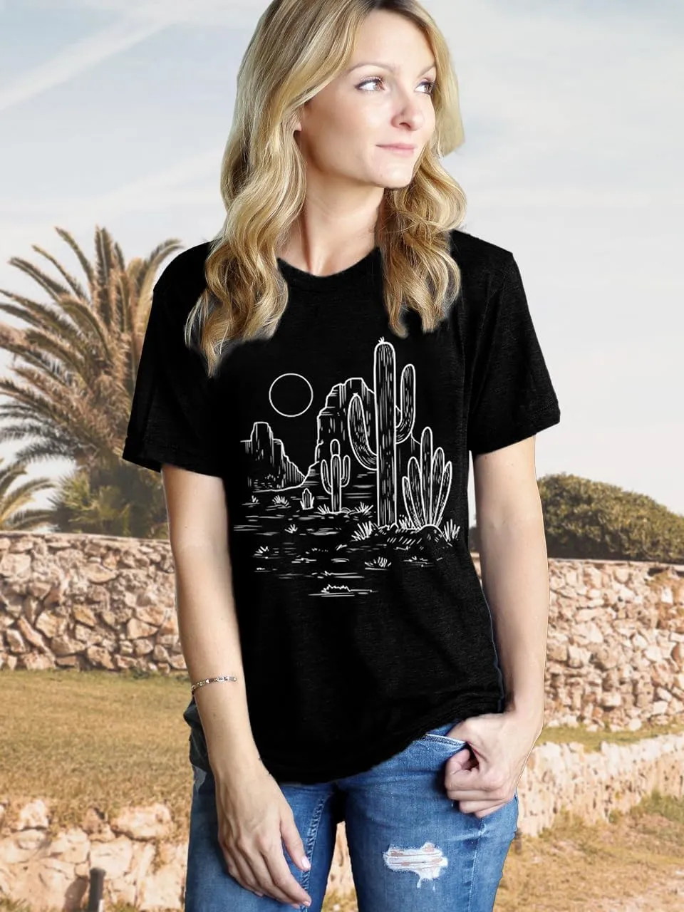Women Vintage T Shirt Short Sleeve Summer Cactus Tshirt Funny Graphic Tees