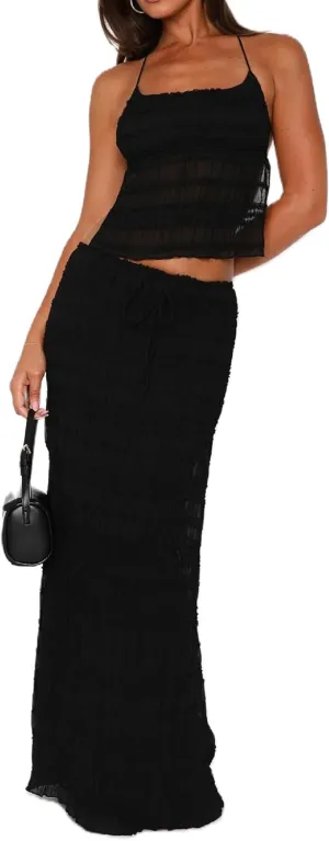 Women Y2K Ruffle 2 Piece Skirt Set Spaghetti Strap Ruched Cami Top Tiered Flowy Long Skirt Boho Beach Outfits