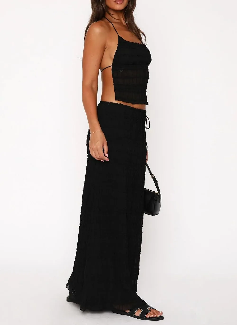 Women Y2K Ruffle 2 Piece Skirt Set Spaghetti Strap Ruched Cami Top Tiered Flowy Long Skirt Boho Beach Outfits