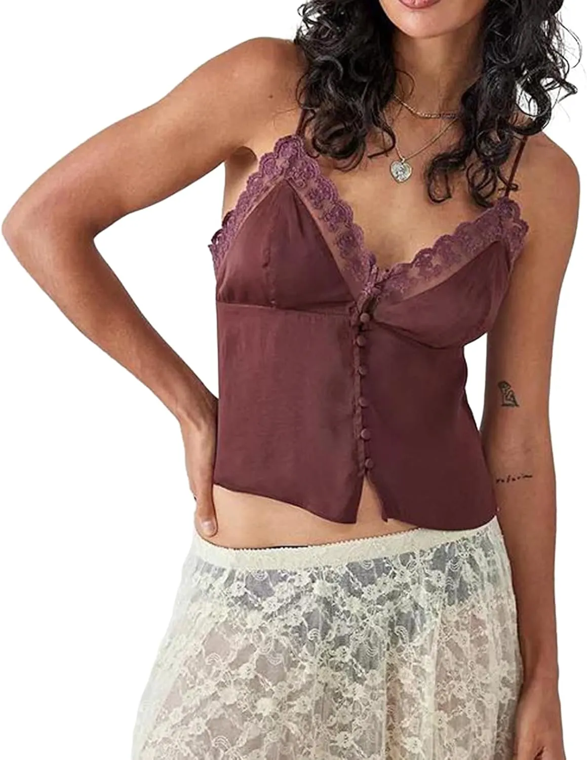 Women Y2k Tie Front Crop Tops Spaghetti Strap Square Neck Babydoll Camisole Summer Smocked Ruffle Tank Tops