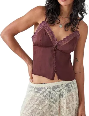 Women Y2k Tie Front Crop Tops Spaghetti Strap Square Neck Babydoll Camisole Summer Smocked Ruffle Tank Tops