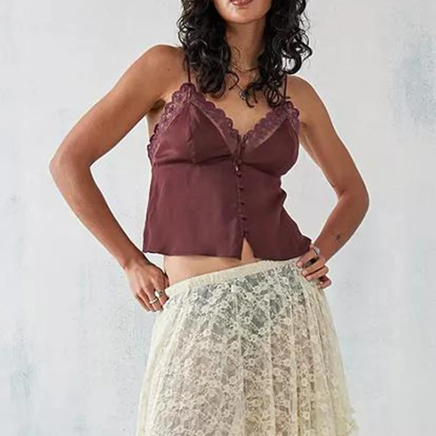 Women Y2k Tie Front Crop Tops Spaghetti Strap Square Neck Babydoll Camisole Summer Smocked Ruffle Tank Tops