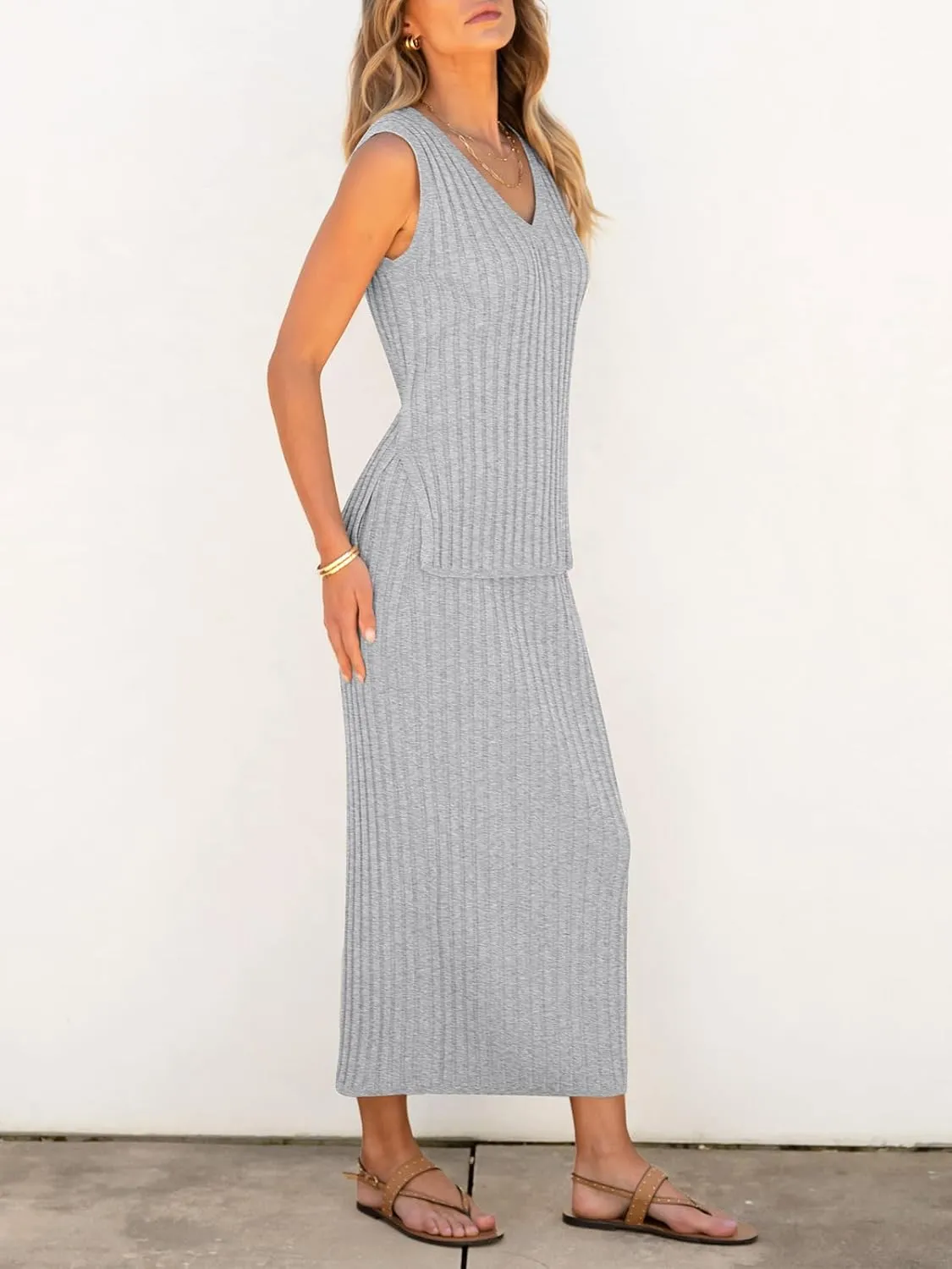 Women's 2 Piece Outfits Summer Sweater Skirt Sets Casual Sleeveless V Neck Ribbed Vest Knit Tops Midi Dress