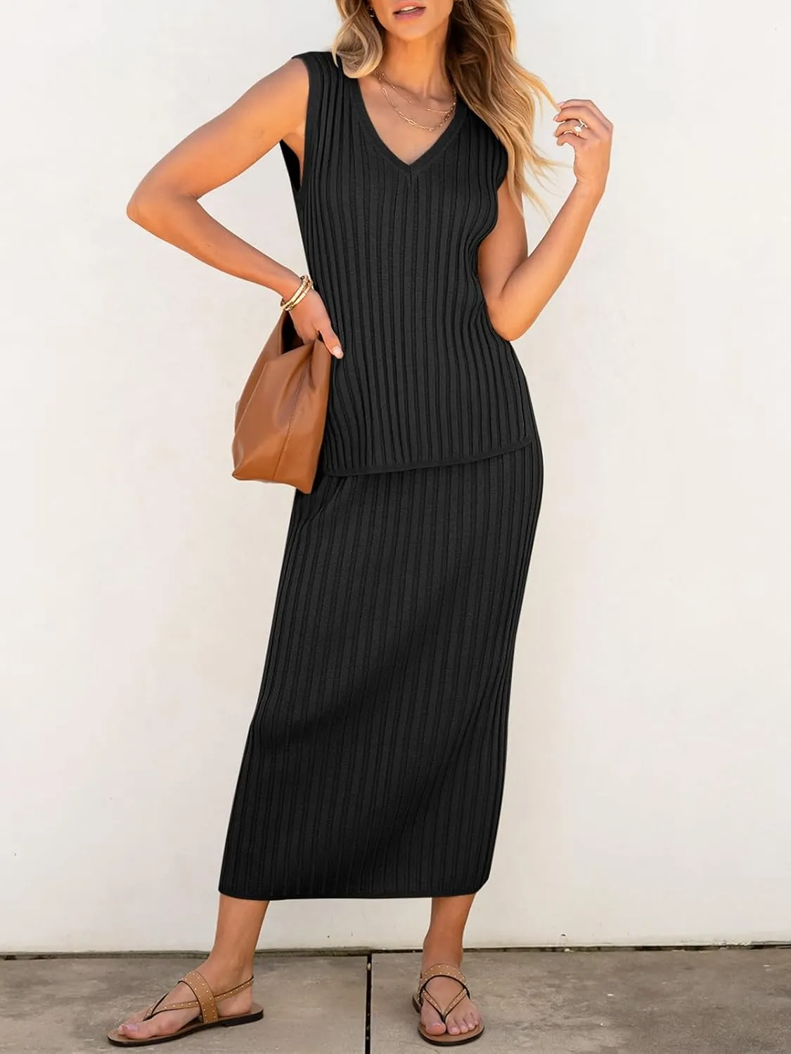 Women's 2 Piece Outfits Summer Sweater Skirt Sets Casual Sleeveless V Neck Ribbed Vest Knit Tops Midi Dress