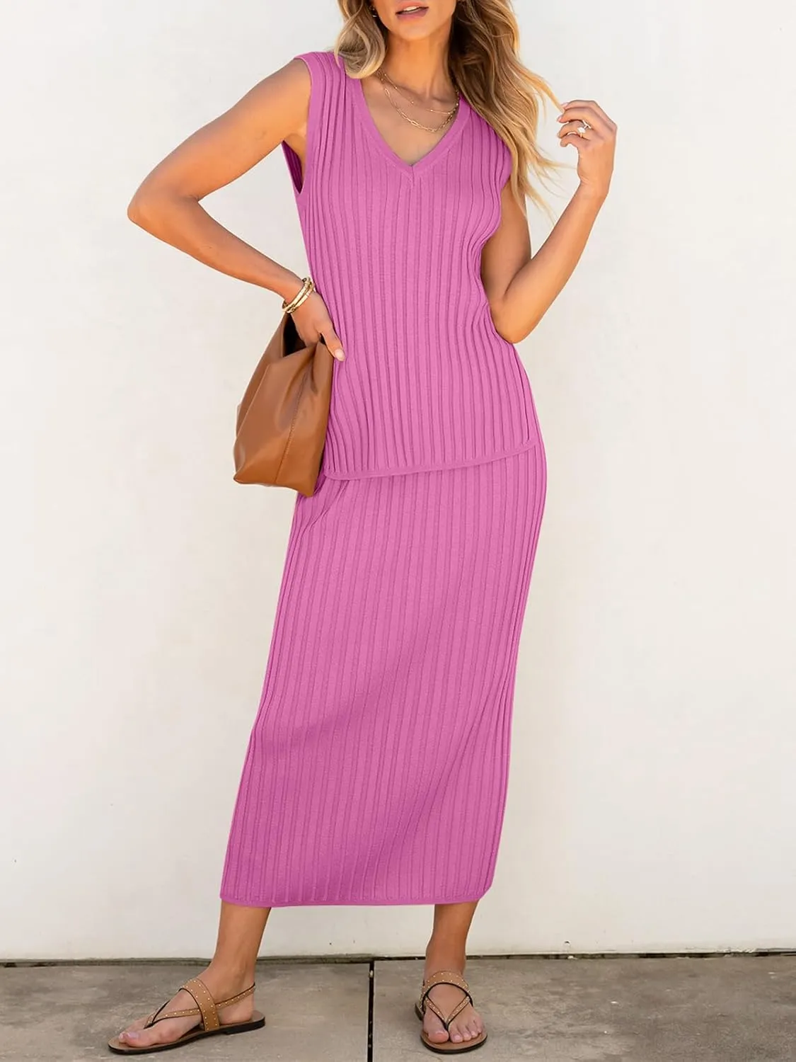 Women's 2 Piece Outfits Summer Sweater Skirt Sets Casual Sleeveless V Neck Ribbed Vest Knit Tops Midi Dress