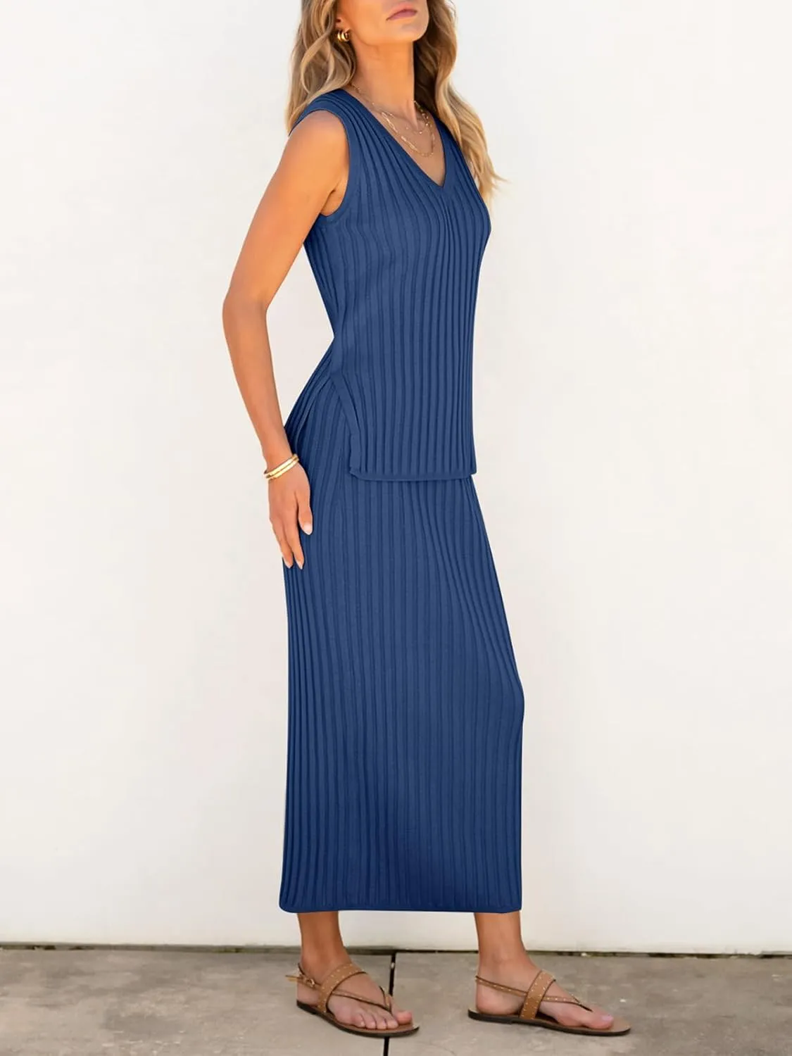 Women's 2 Piece Outfits Summer Sweater Skirt Sets Casual Sleeveless V Neck Ribbed Vest Knit Tops Midi Dress