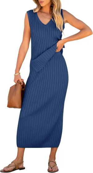 Women's 2 Piece Outfits Summer Sweater Skirt Sets Casual Sleeveless V Neck Ribbed Vest Knit Tops Midi Dress