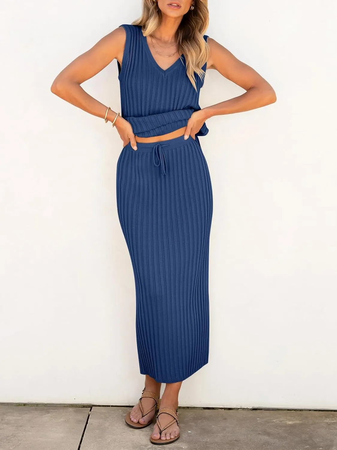 Women's 2 Piece Outfits Summer Sweater Skirt Sets Casual Sleeveless V Neck Ribbed Vest Knit Tops Midi Dress