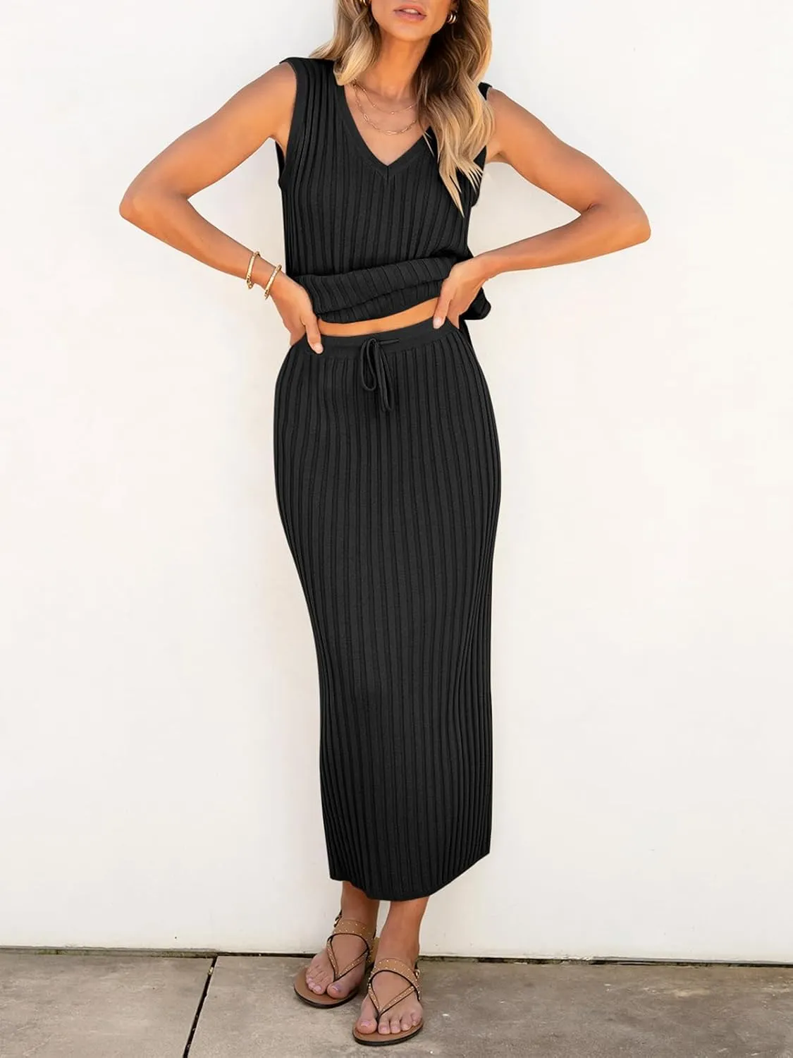 Women's 2 Piece Outfits Summer Sweater Skirt Sets Casual Sleeveless V Neck Ribbed Vest Knit Tops Midi Dress