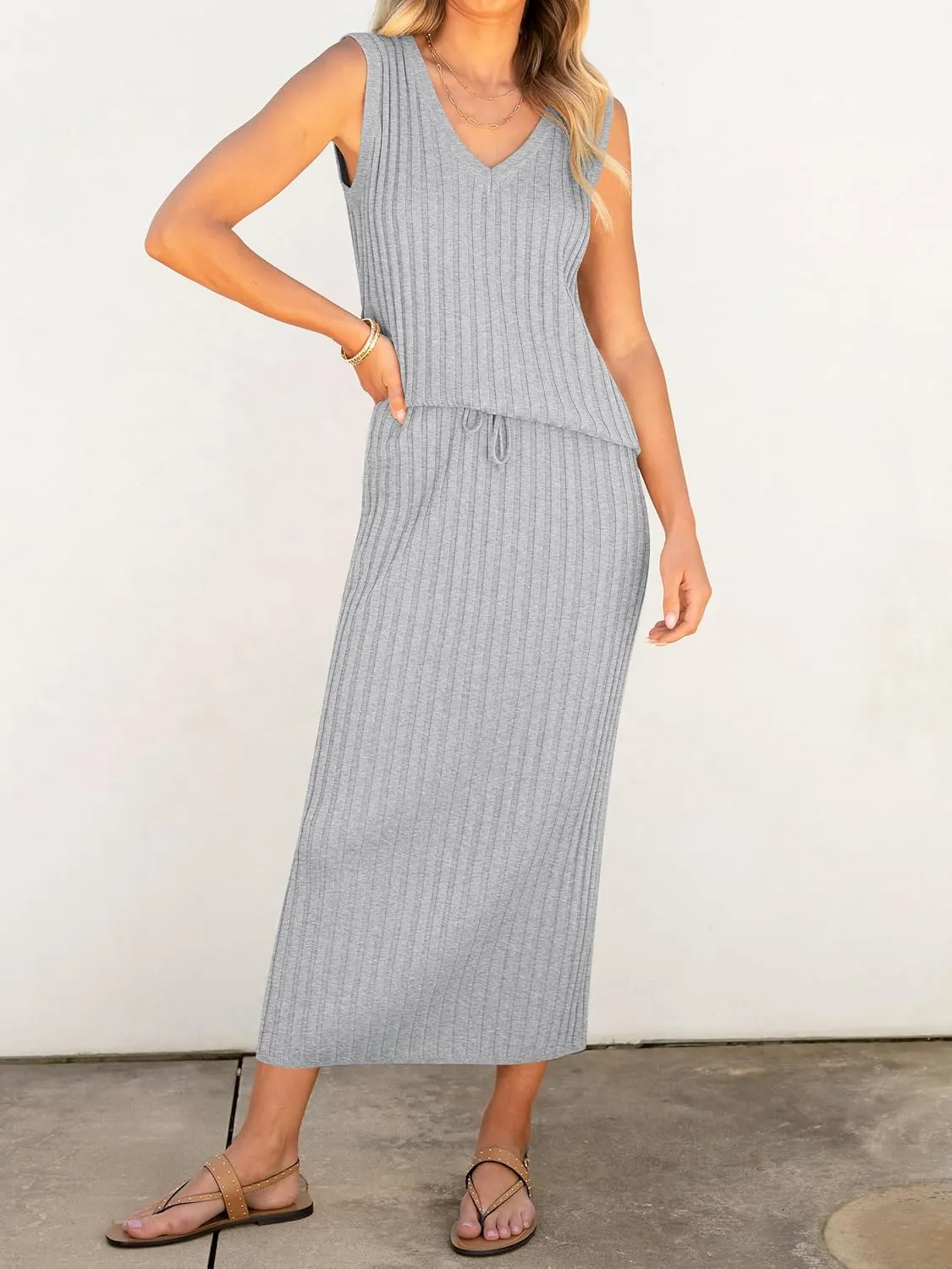 Women's 2 Piece Outfits Summer Sweater Skirt Sets Casual Sleeveless V Neck Ribbed Vest Knit Tops Midi Dress