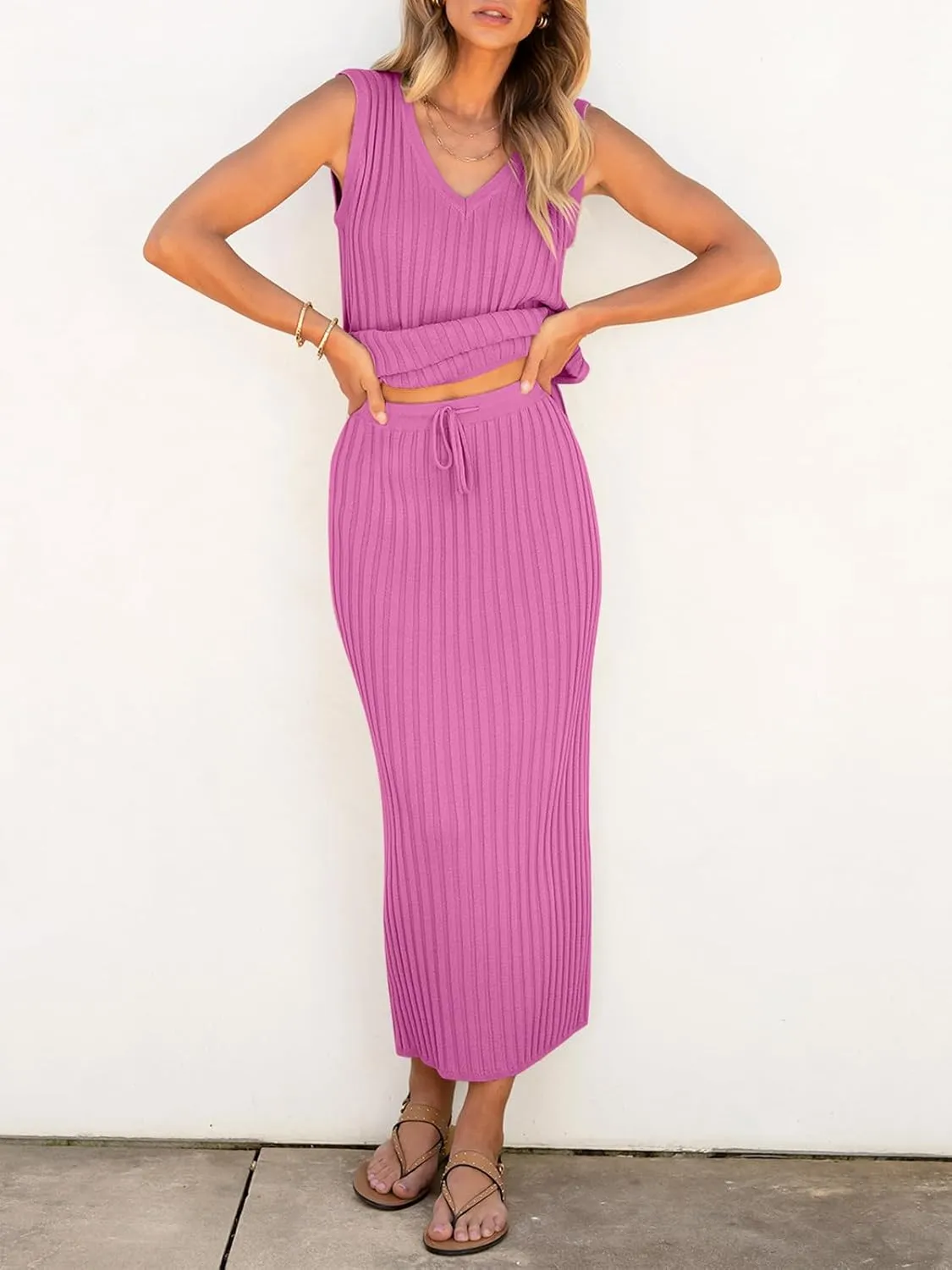 Women's 2 Piece Outfits Summer Sweater Skirt Sets Casual Sleeveless V Neck Ribbed Vest Knit Tops Midi Dress