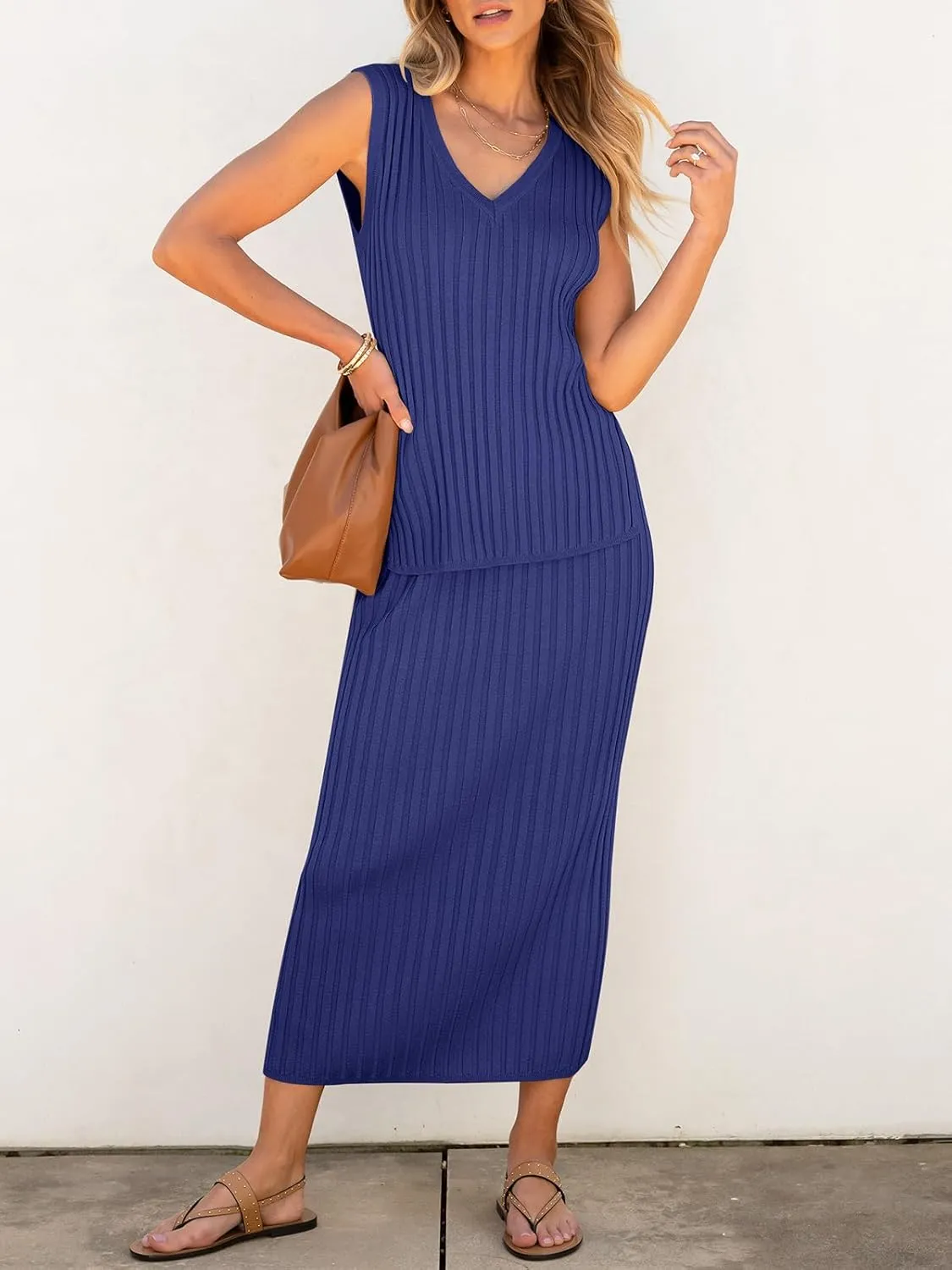 Women's 2 Piece Outfits Summer Sweater Skirt Sets Casual Sleeveless V Neck Ribbed Vest Knit Tops Midi Dress