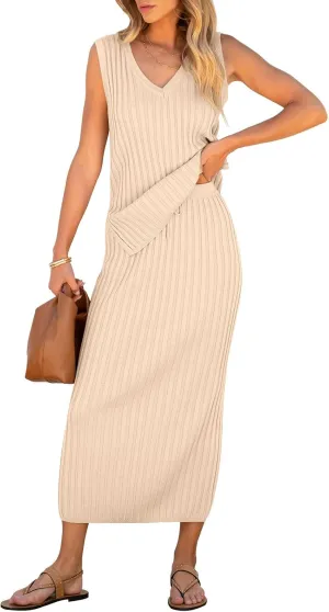 Women's 2 Piece Outfits Summer Sweater Skirt Sets Casual Sleeveless V Neck Ribbed Vest Knit Tops Midi Dress